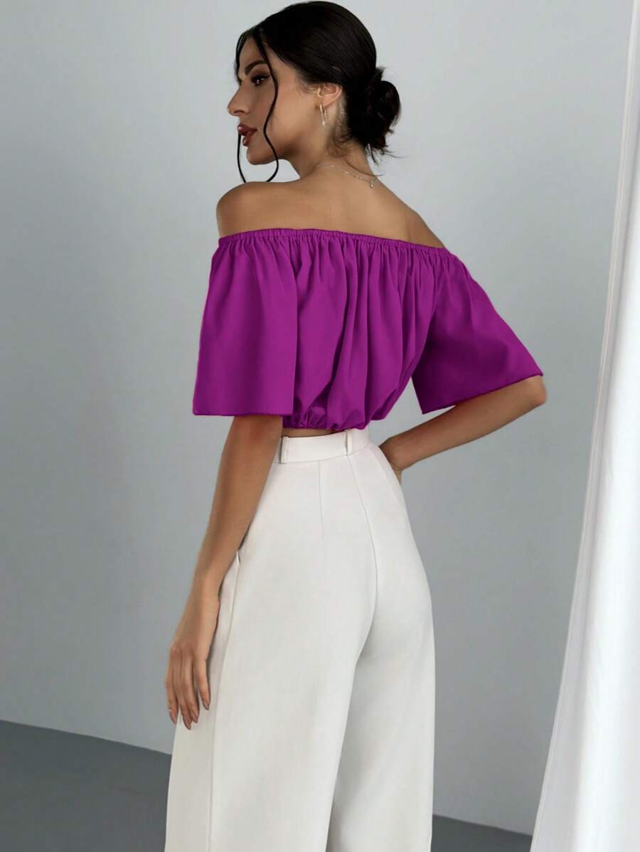 Women's Summer Solid Color Off Shoulder V Neck And Elastic Waist Blouse shein