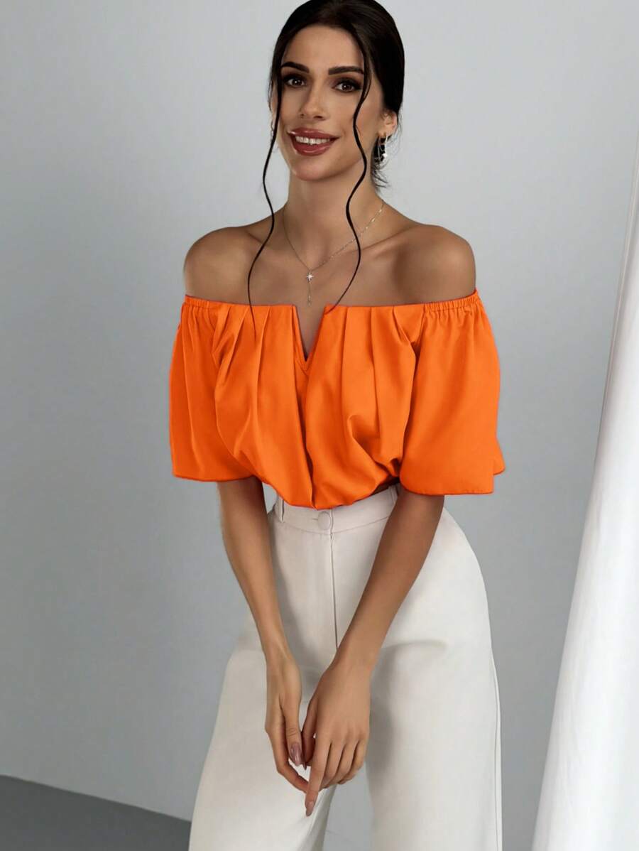 Women's Summer Solid Color Off Shoulder V Neck And Elastic Waist Blouse shein