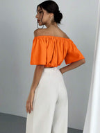 Women's Summer Solid Color Off Shoulder V Neck And Elastic Waist Blouse shein