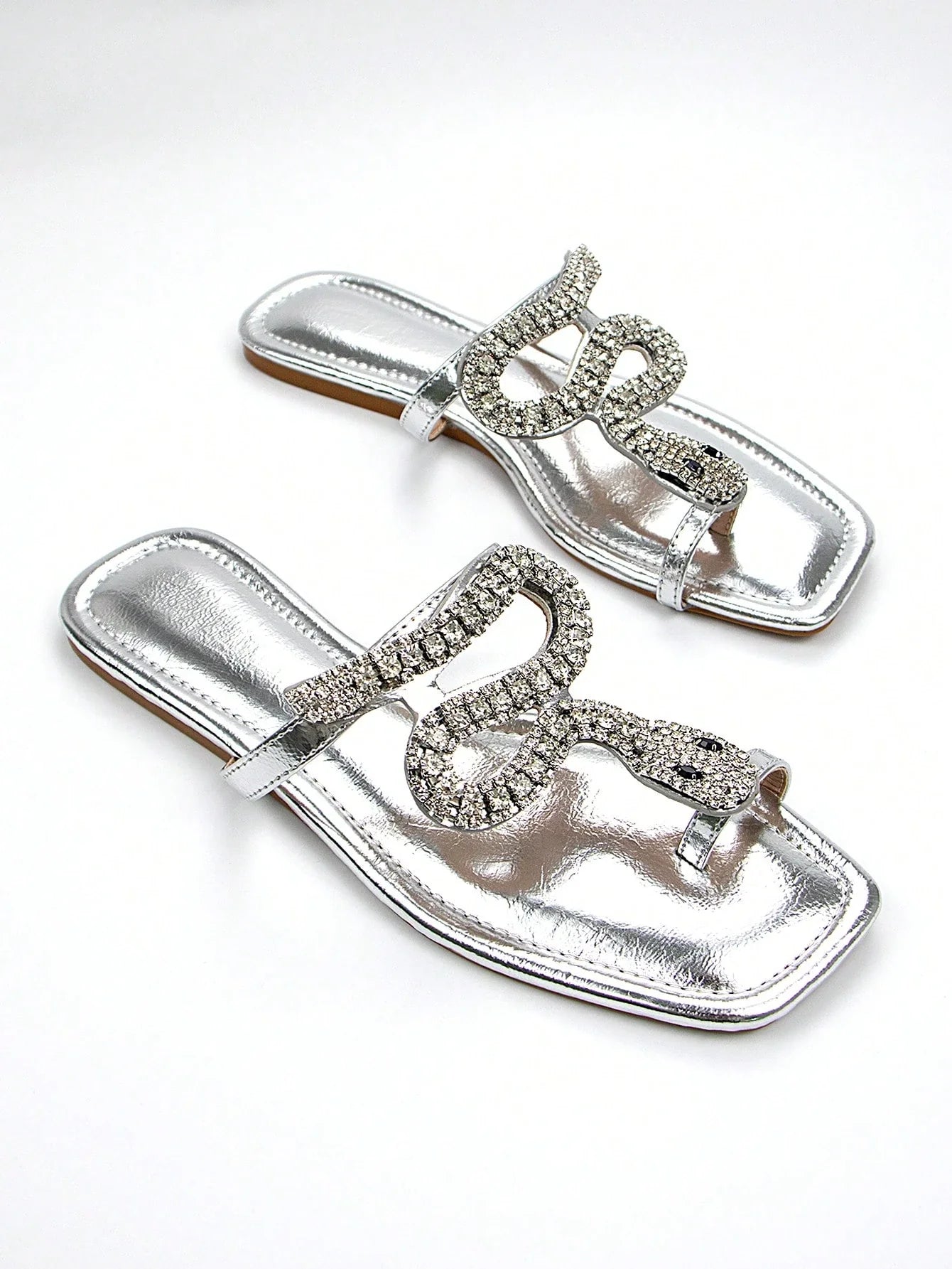 Women's Glamorous 3D Snake Crystal Chain Toe Slip-On Flat Mule Sandals shein