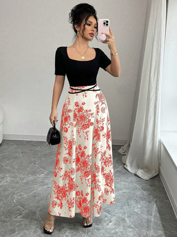 Raffinéa Women Elegant Slim Fit Square Neck Short Sleeve Waist Tie Splicing Chinese Style Printed Dress