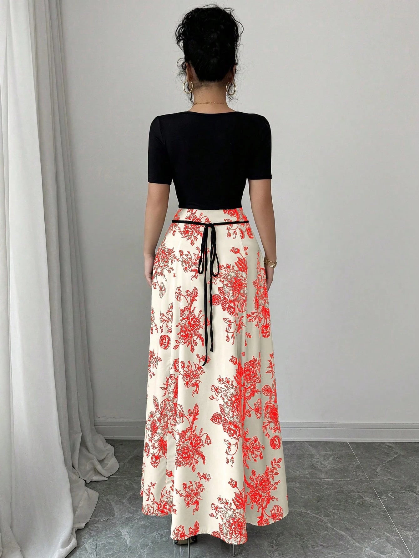 Raffinéa Women Elegant Slim Fit Square Neck Short Sleeve Waist Tie Splicing Chinese Style Printed Dress shein