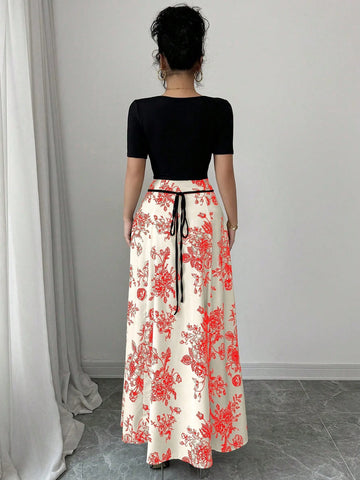 Raffinéa Women Elegant Slim Fit Square Neck Short Sleeve Waist Tie Splicing Chinese Style Printed Dress