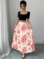 Raffinéa Women Elegant Slim Fit Square Neck Short Sleeve Waist Tie Splicing Chinese Style Printed Dress shein