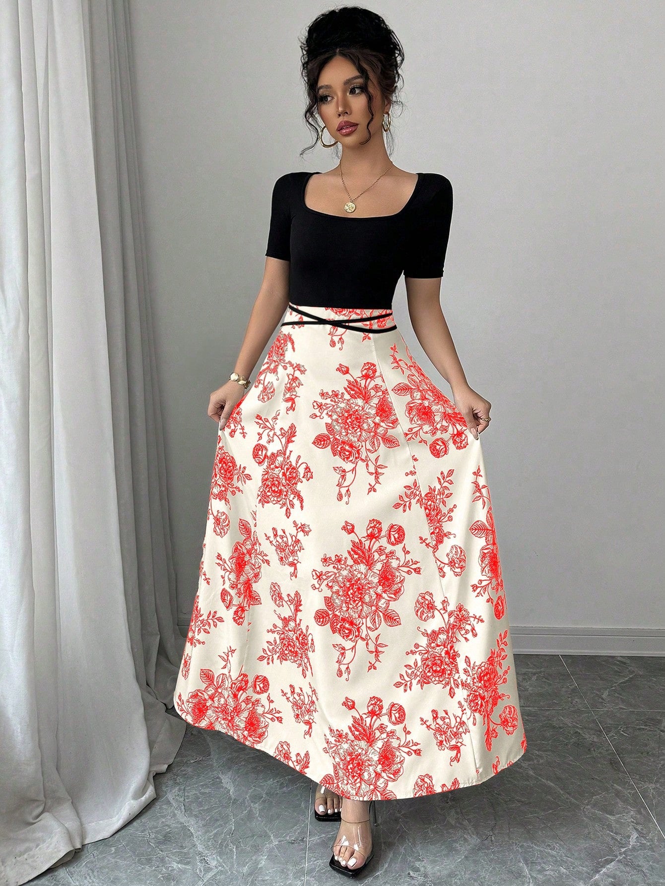 Raffinéa Women Elegant Slim Fit Square Neck Short Sleeve Waist Tie Splicing Chinese Style Printed Dress shein