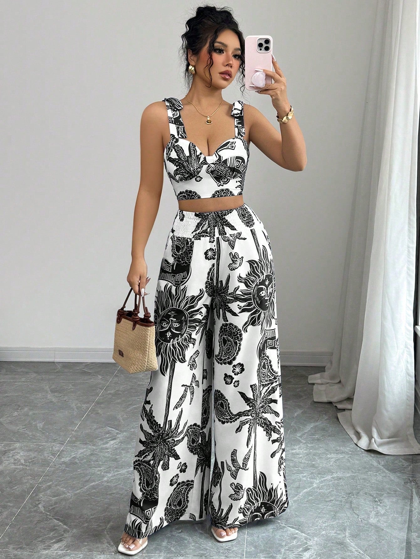 Bohemian Style Bib Strap Crop Top With Tie Waist Straight Leg Pants shein