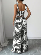 Bohemian Style Bib Strap Crop Top With Tie Waist Straight Leg Pants shein