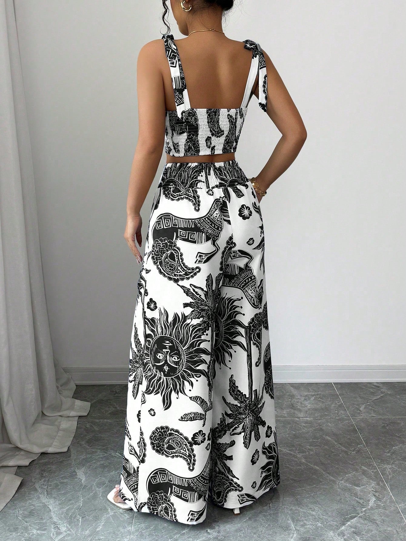 Bohemian Style Bib Strap Crop Top With Tie Waist Straight Leg Pants shein