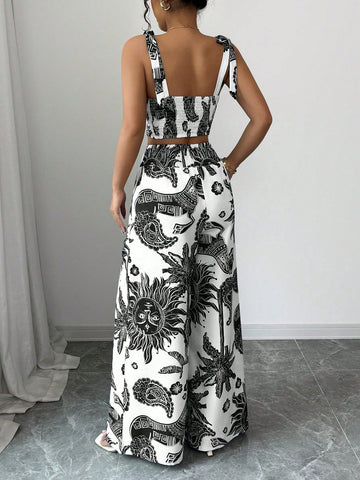 Bohemian Style Bib Strap Crop Top With Tie Waist Straight Leg Pants