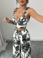 Bohemian Style Bib Strap Crop Top With Tie Waist Straight Leg Pants shein