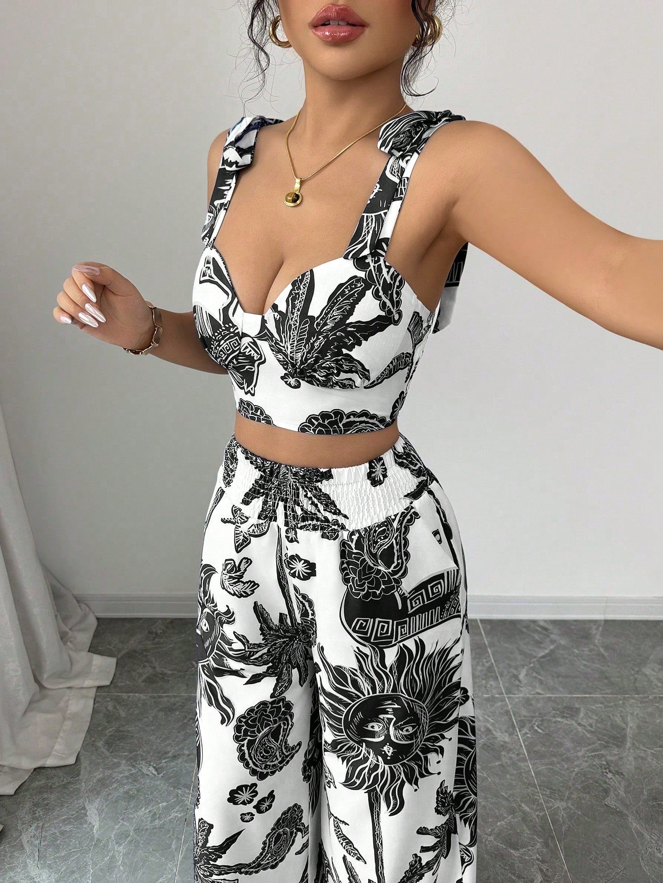 Bohemian Style Bib Strap Crop Top With Tie Waist Straight Leg Pants shein