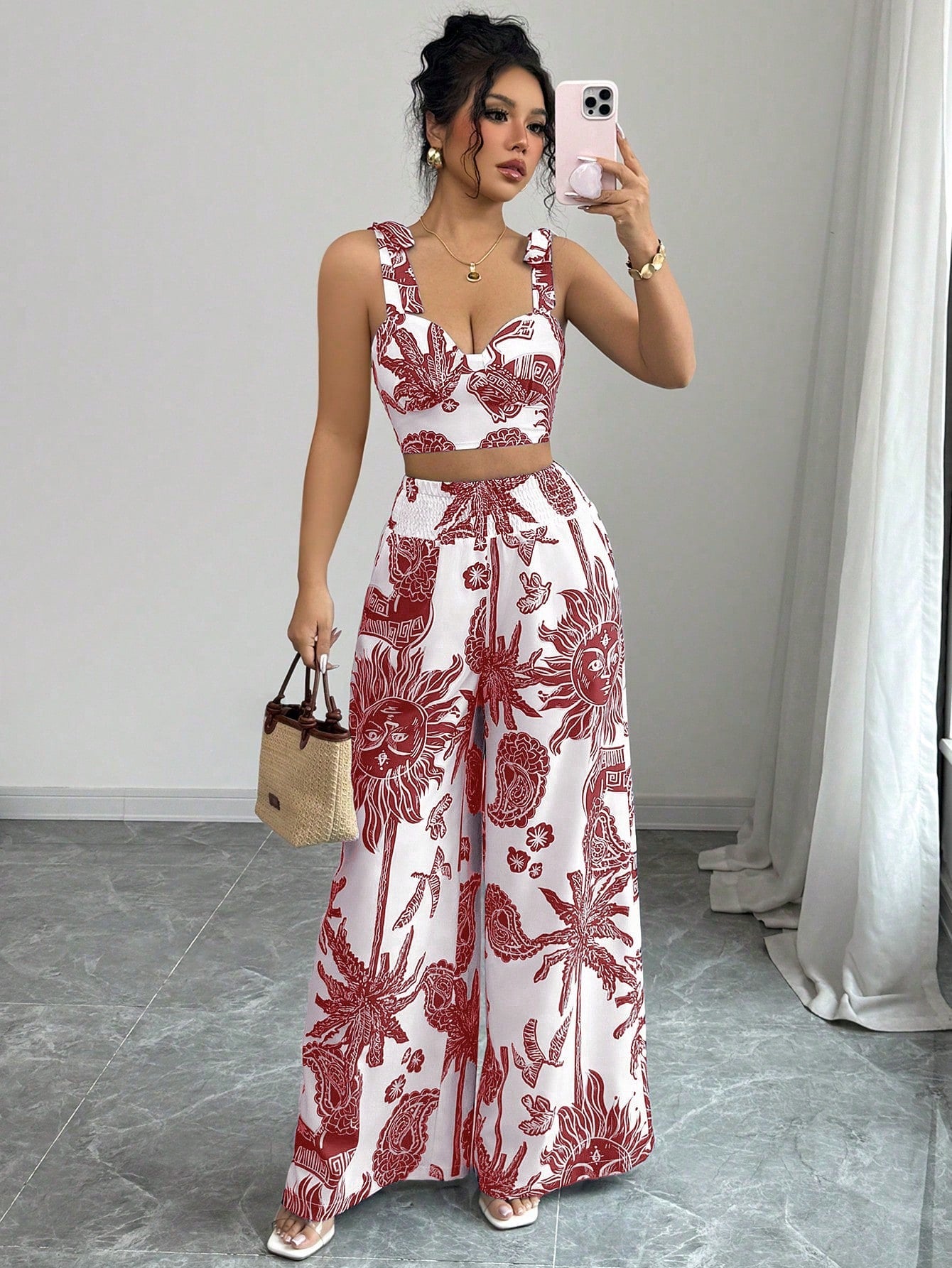 Bohemian Style Bib Strap Crop Top With Tie Waist Straight Leg Pants shein
