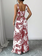 Bohemian Style Bib Strap Crop Top With Tie Waist Straight Leg Pants shein