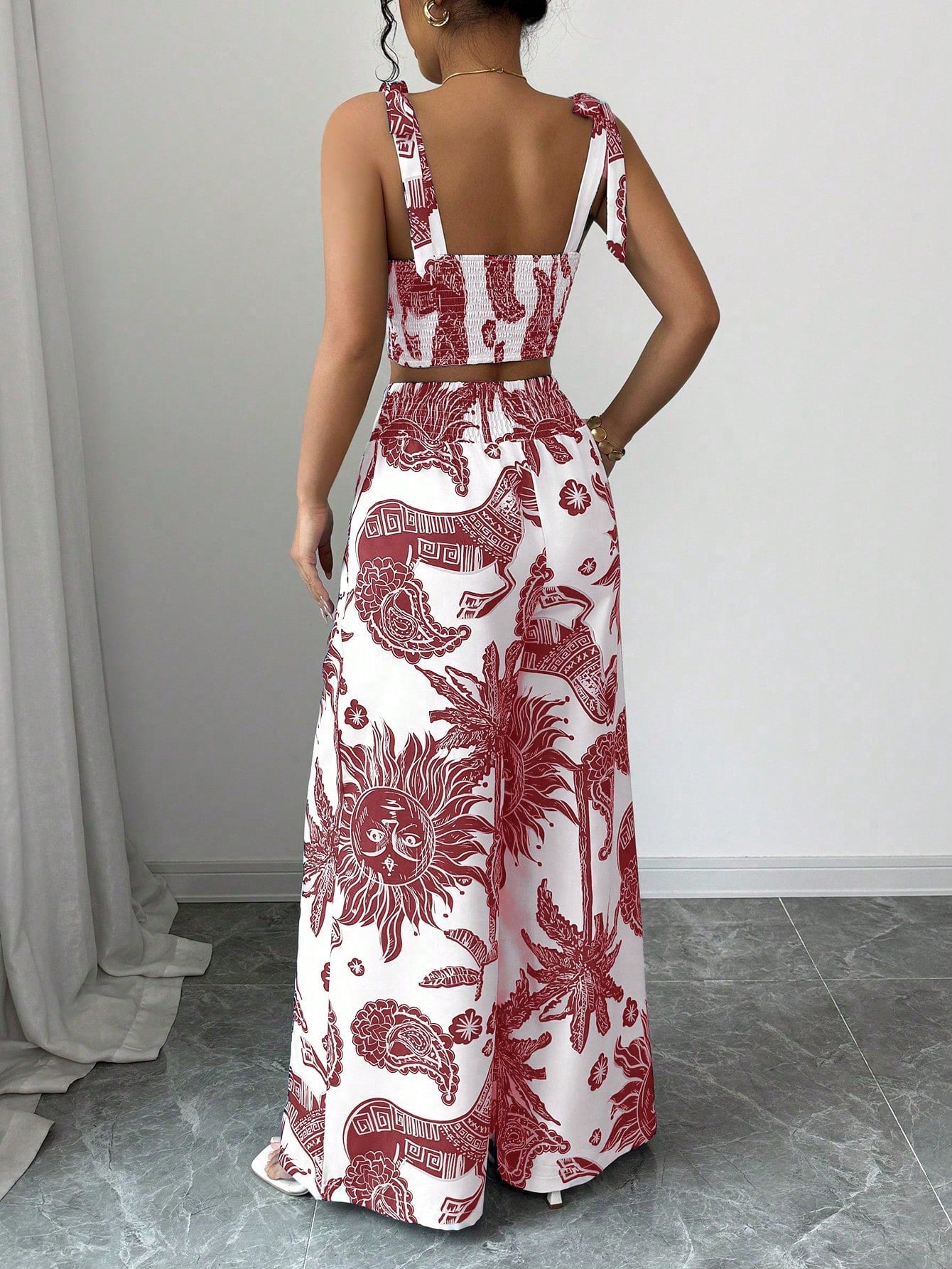 Bohemian Style Bib Strap Crop Top With Tie Waist Straight Leg Pants shein