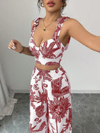 Bohemian Style Bib Strap Crop Top With Tie Waist Straight Leg Pants shein