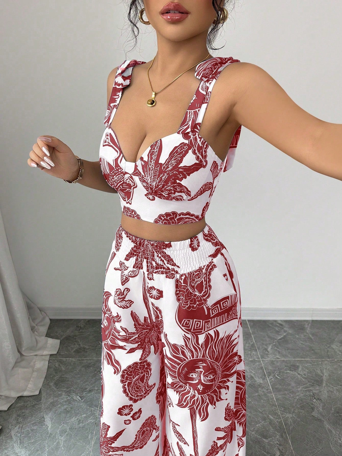 Bohemian Style Bib Strap Crop Top With Tie Waist Straight Leg Pants shein