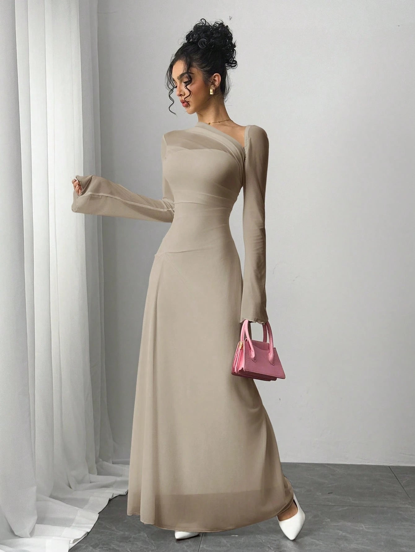 Women's Black Mesh Slim Long-Sleeved Dress shein