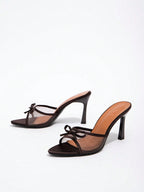 Ladies Solid Color Bow Decoration Non-Slip High Heel Sandals shein