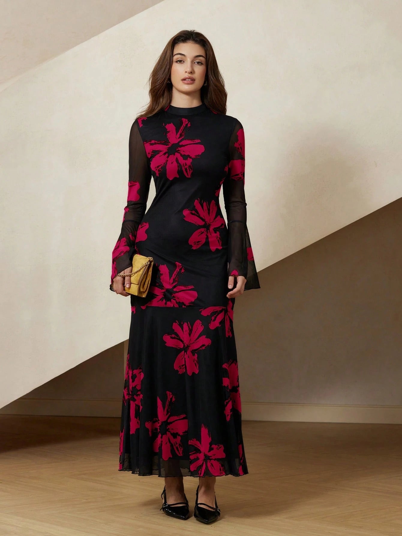 Rosie Elegant French Style Floral Print Bodycon Dress With Flared Sleeves And Mesh Details shein