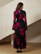 Rosie Elegant French Style Floral Print Bodycon Dress With Flared Sleeves And Mesh Details shein