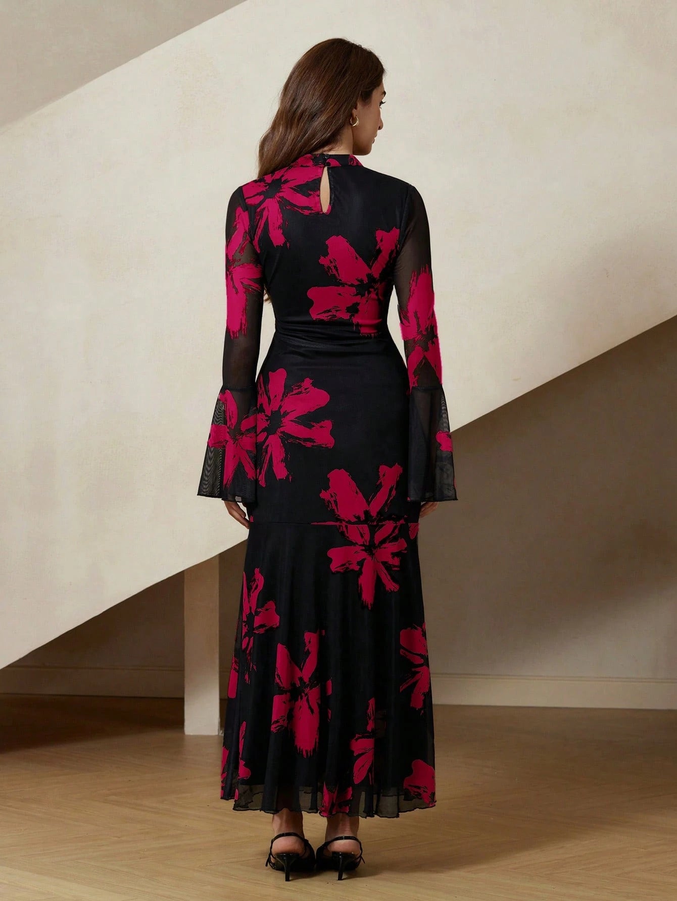 Rosie Elegant French Style Floral Print Bodycon Dress With Flared Sleeves And Mesh Details shein