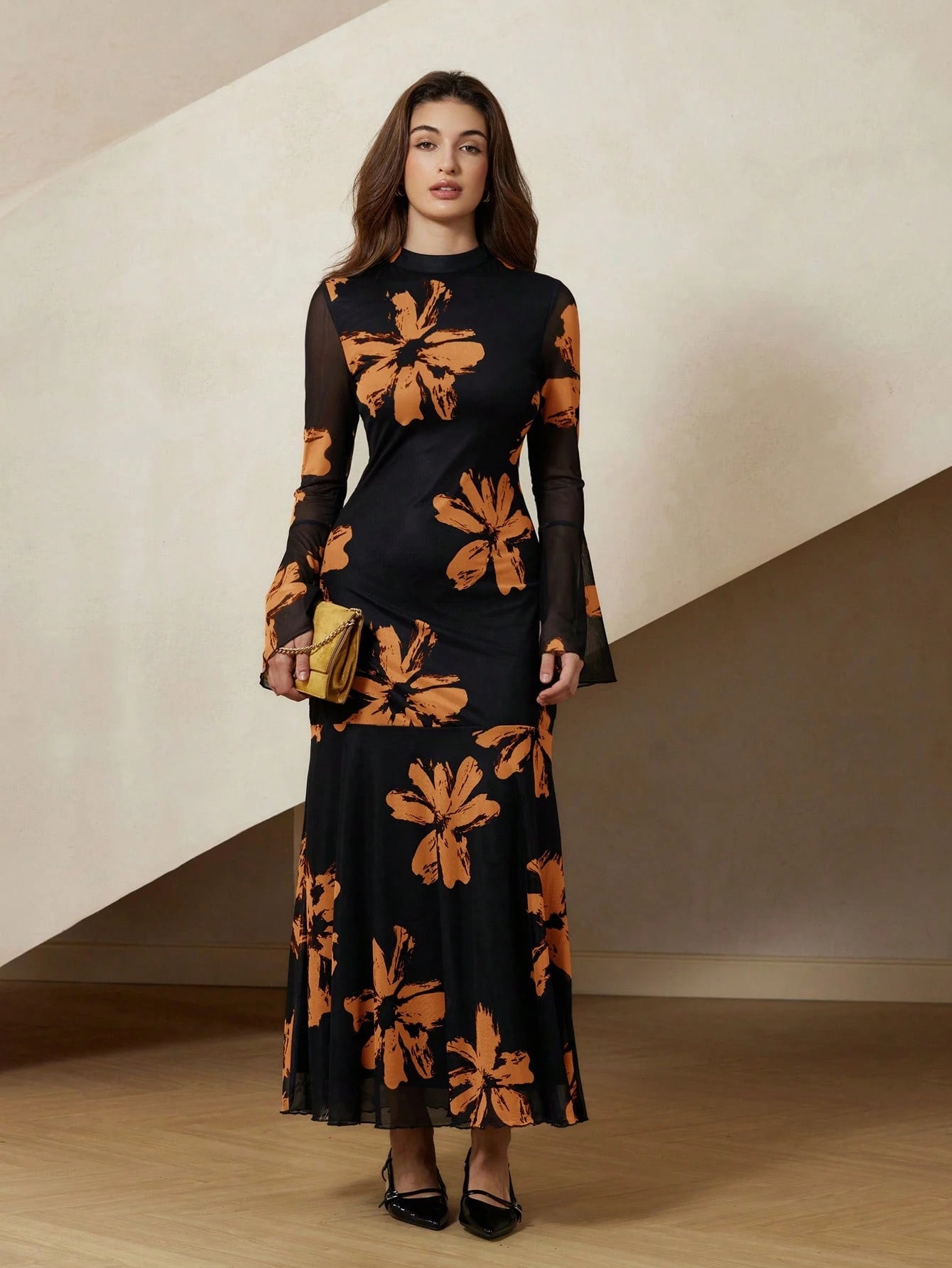 Rosie Elegant French Style Floral Print Bodycon Dress With Flared Sleeves And Mesh Details shein
