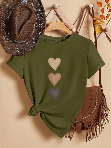 EMERY ROSE Casual Heart-Shaped Patterned Round Neck Women's Short Sleeve T-Shirt