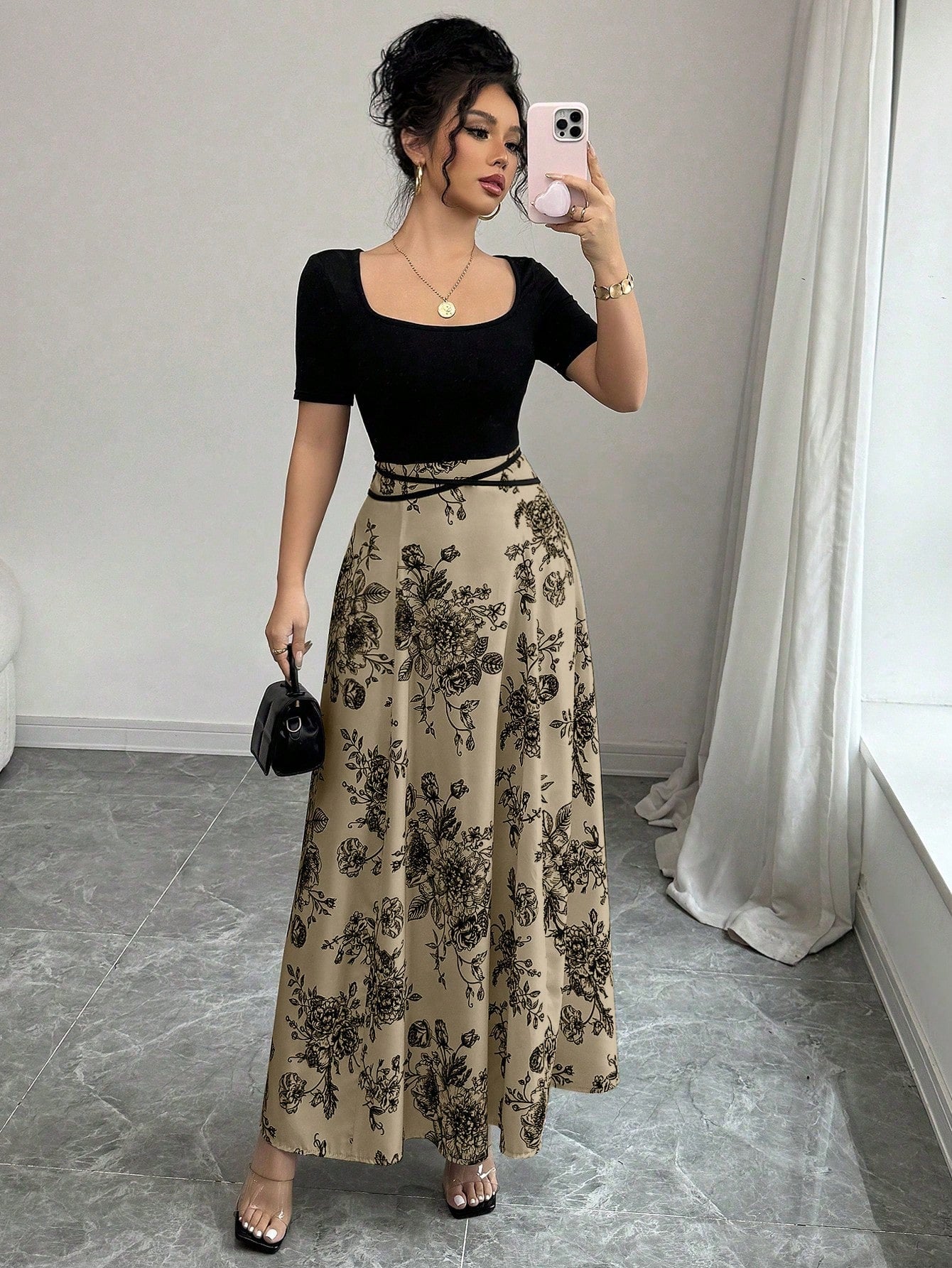 Raffinéa Women Elegant Slim Fit Square Neck Short Sleeve Waist Tie Splicing Chinese Style Printed Dress shein