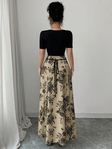 Raffinéa Women Elegant Slim Fit Square Neck Short Sleeve Waist Tie Splicing Chinese Style Printed Dress