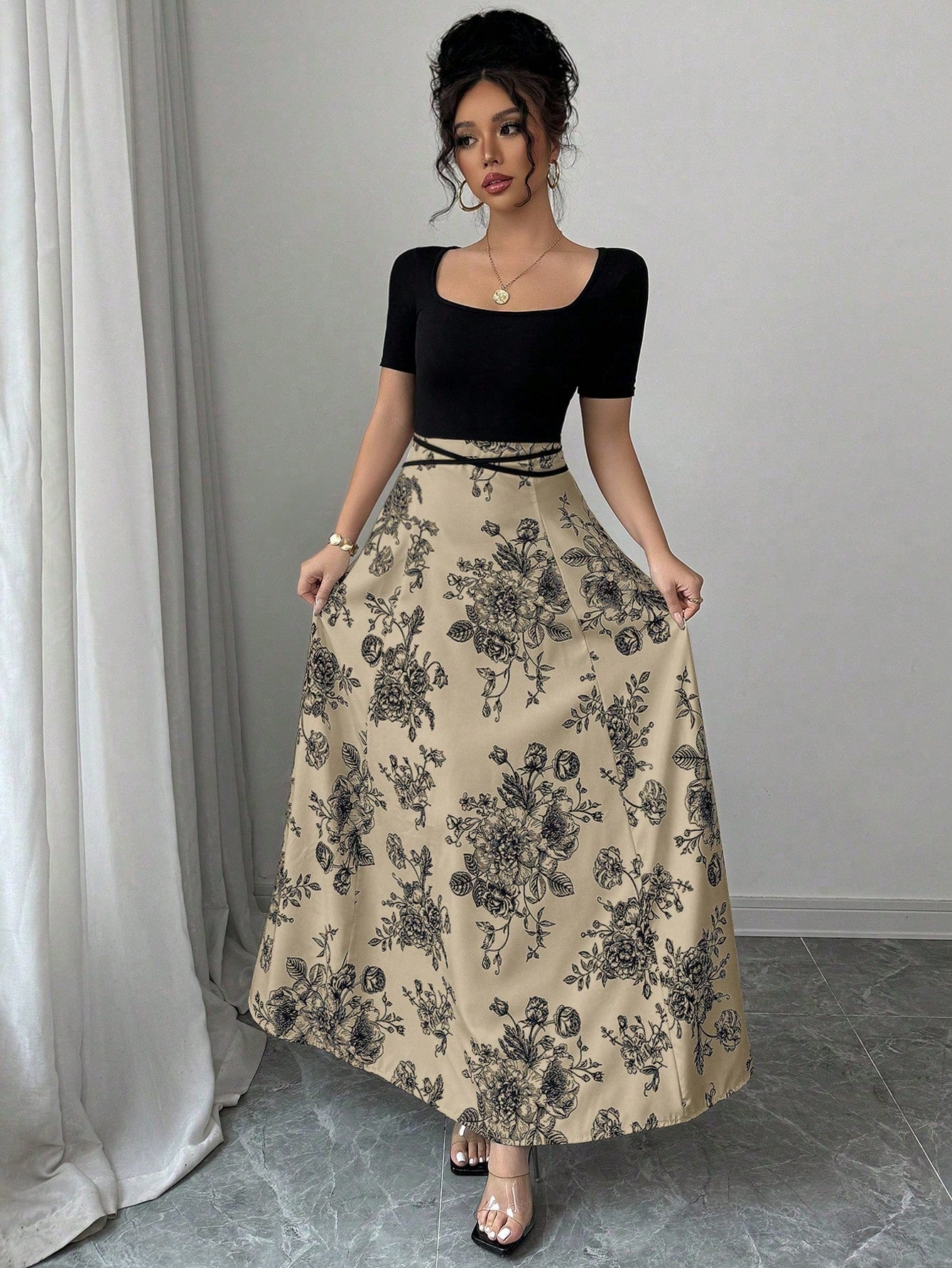 Raffinéa Women Elegant Slim Fit Square Neck Short Sleeve Waist Tie Splicing Chinese Style Printed Dress shein