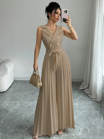 Elenzga Women's Elegant Double-Breasted Pleated Jumpsuit