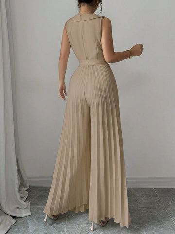 Elenzga Women's Elegant Double-Breasted Pleated Jumpsuit