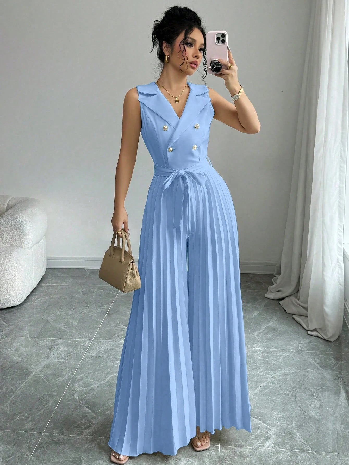 Elenzga Women's Elegant Double-Breasted Pleated Jumpsuit