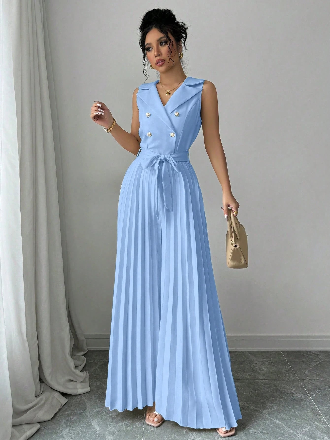 Elenzga Women's Elegant Double-Breasted Pleated Jumpsuit