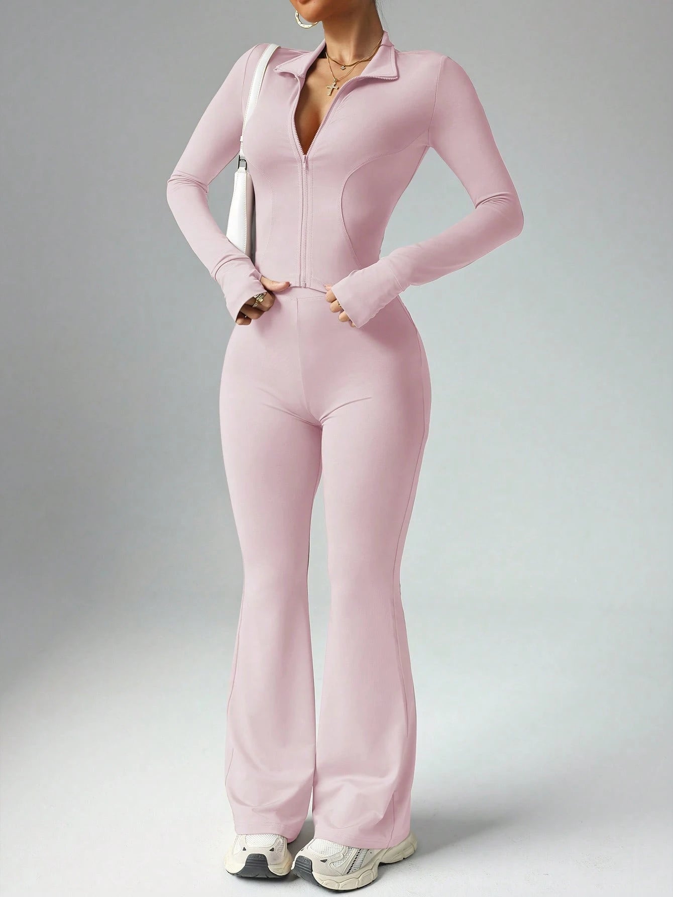 Women's Solid Color Long Sleeve Top And Long Pants Slim Fit Sports Suit