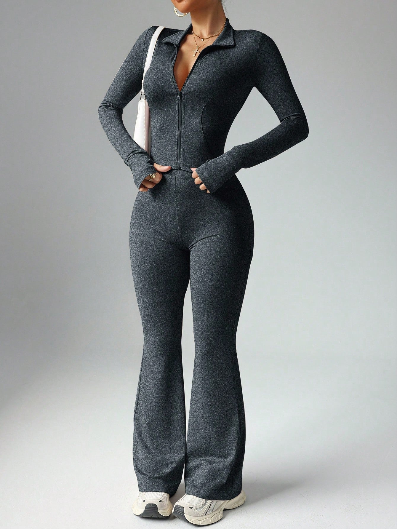Women's Solid Color Long Sleeve Top And Long Pants Slim Fit Sports Suit