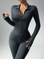 Women's Solid Color Long Sleeve Top And Long Pants Slim Fit Sports Suit shein