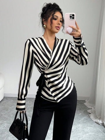 Striped Print Lace-Up Long-Sleeved Elegant Shirt Long Sleeve
