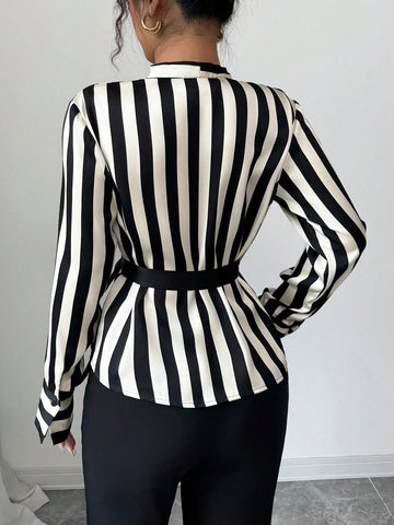 Striped Print Lace-Up Long-Sleeved Elegant Shirt Long Sleeve