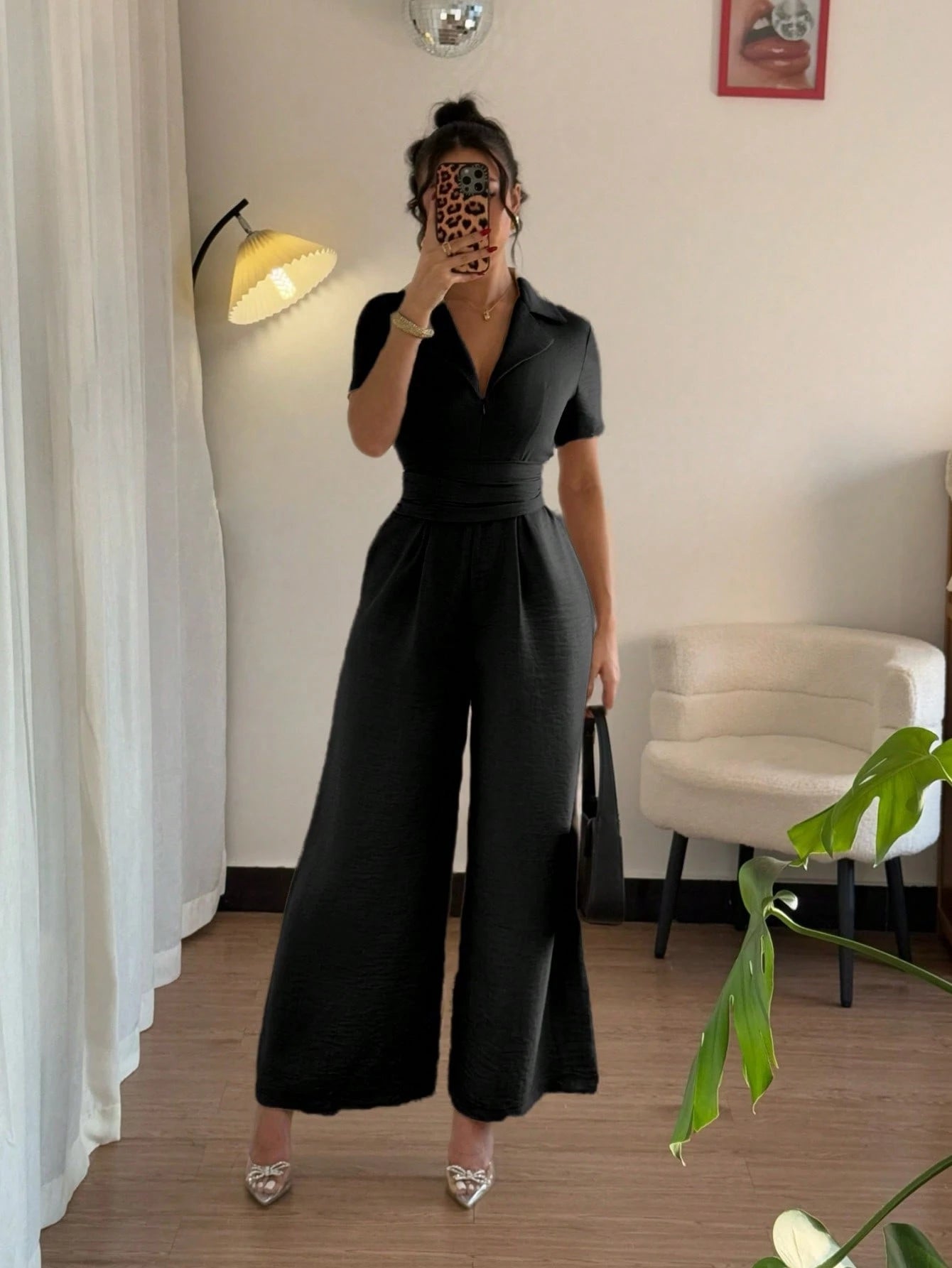 Women's Casual Khaki Jumpsuit With Drawstring Waist And Short Sleeves