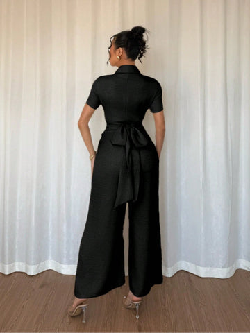 Women's Casual Khaki Jumpsuit With Drawstring Waist And Short Sleeves