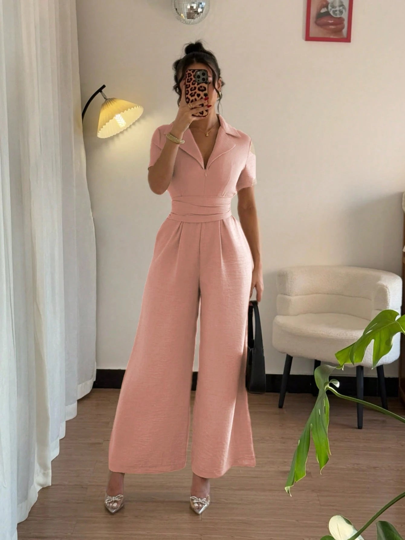 Women's Casual Khaki Jumpsuit With Drawstring Waist And Short Sleeves