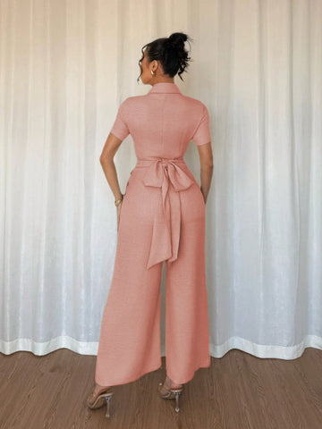 Women's Casual Khaki Jumpsuit With Drawstring Waist And Short Sleeves