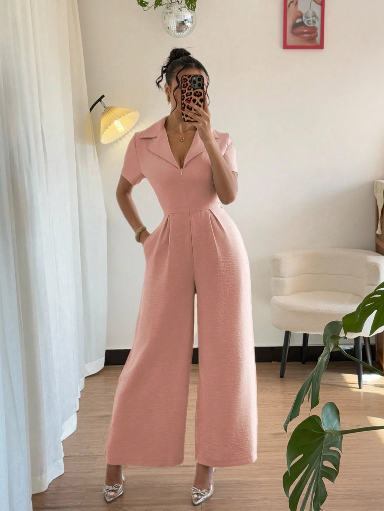 Women's Casual Khaki Jumpsuit With Drawstring Waist And Short Sleeves