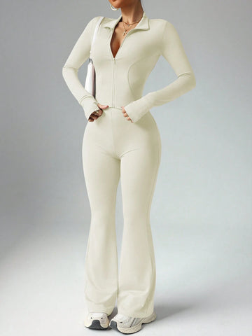 Women's Solid Color Long Sleeve Top And Long Pants Slim Fit Sports Suit