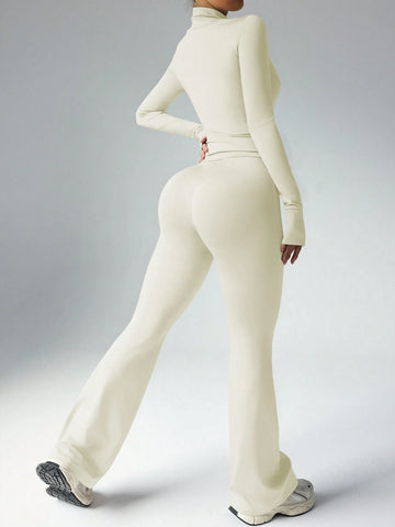 Women's Solid Color Long Sleeve Top And Long Pants Slim Fit Sports Suit