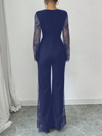 Raffinéa Lace Patchwork Crew Neck Long Sleeve Knitted Jumpsuit