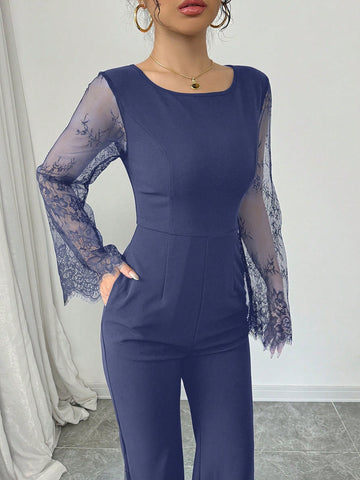 Raffinéa Lace Patchwork Crew Neck Long Sleeve Knitted Jumpsuit