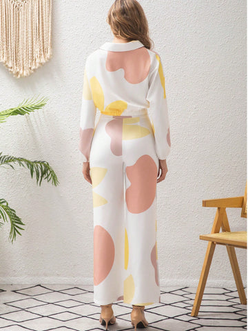 2pcs Set Elegant Casual Polo Collar Twist Top And Bottom Outfit