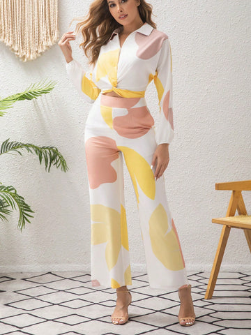 2pcs Set Elegant Casual Polo Collar Twist Top And Bottom Outfit